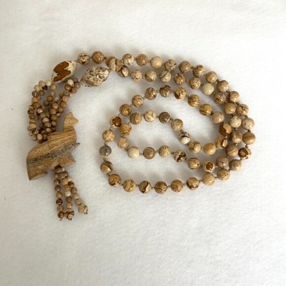 Beaded Long Hand Knotted Landscape Jasper Elephant Tassel Necklace 33" Infinity - Picture 12 of 16